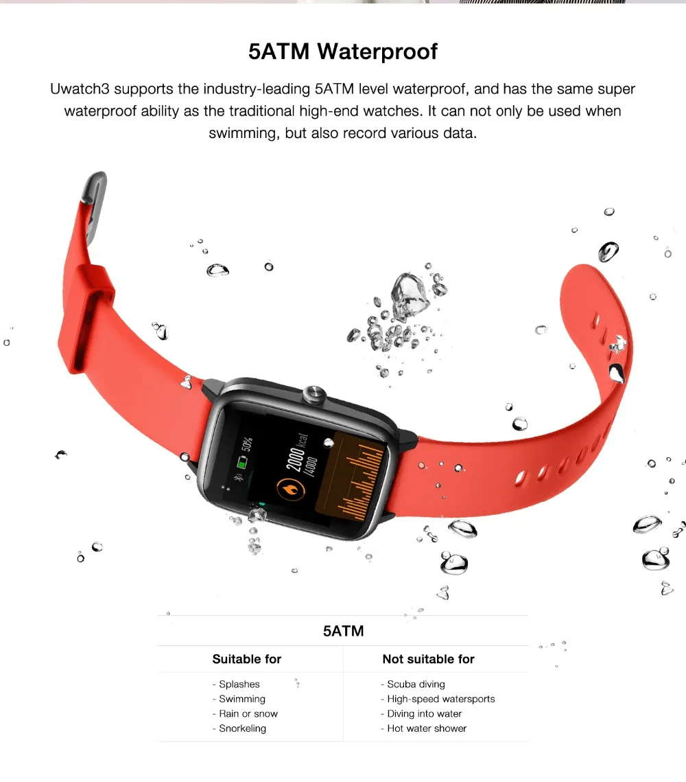 Спортивные Смарт-часы с Bluetooth Uwatch 3 5ATM IP68 Водонепроницаемые Смарт-часы с шагомером и батареей на 9 дней с напоминанием о звонках