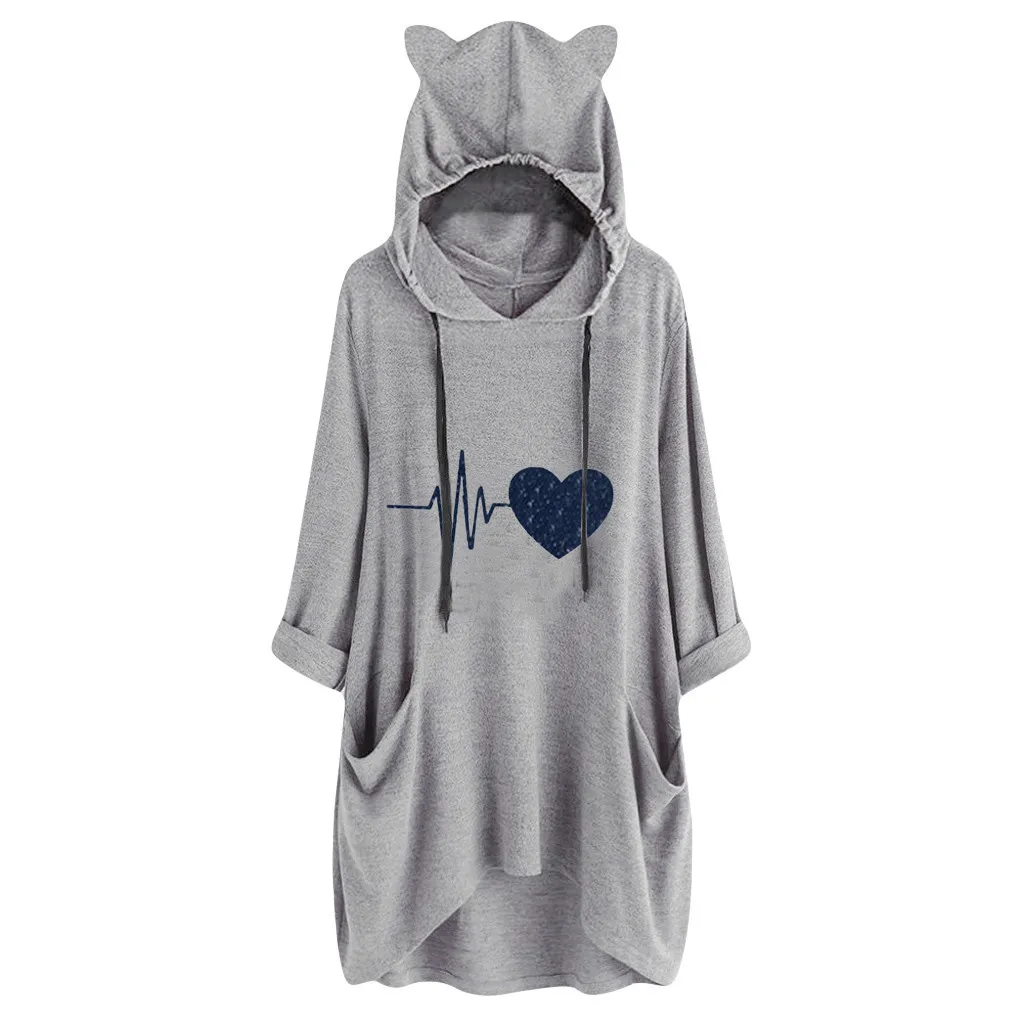 Kawaii Heartbeat/женские толстовки с капюшоном в стиле Харадзюку с карманом, повседневные свободные топы для девочек, пуловер с кошачьими ушками # B