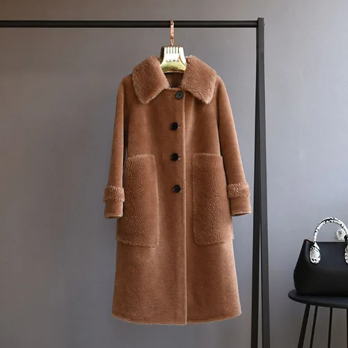 Photo color OFTBUY парка с v-образным вырезом зимняя куртка Женское пальто из натурального меха тканая шерсть плюшевый флис медведь плюшевая верхняя одежда теплая уличная - Цвет: Photo color