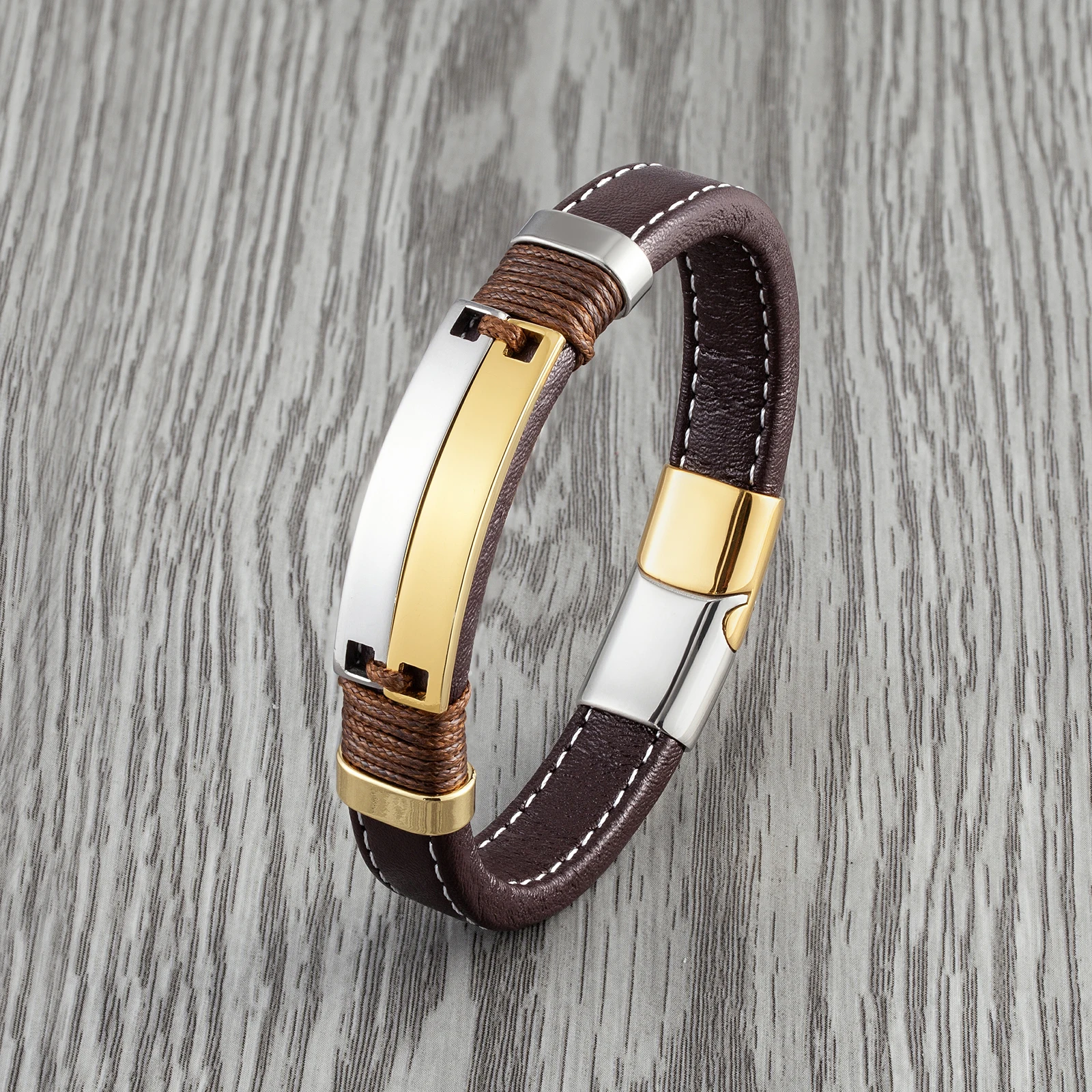 Double Row Stainless Steel Jewelry Unisex Punk Couple Bracelet Coffee Color Wide Leather Charm Brace bracelet jewelry