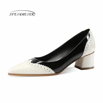 

Women high heels shoes Elegant point toe genuine leather spring pumps spring heels shoes black thick heel woman shoes 2020