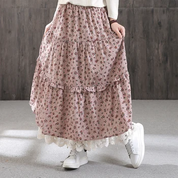 

Embroidery lace lacing patchwork flowers print Elasticated waist A-Line skirt spring