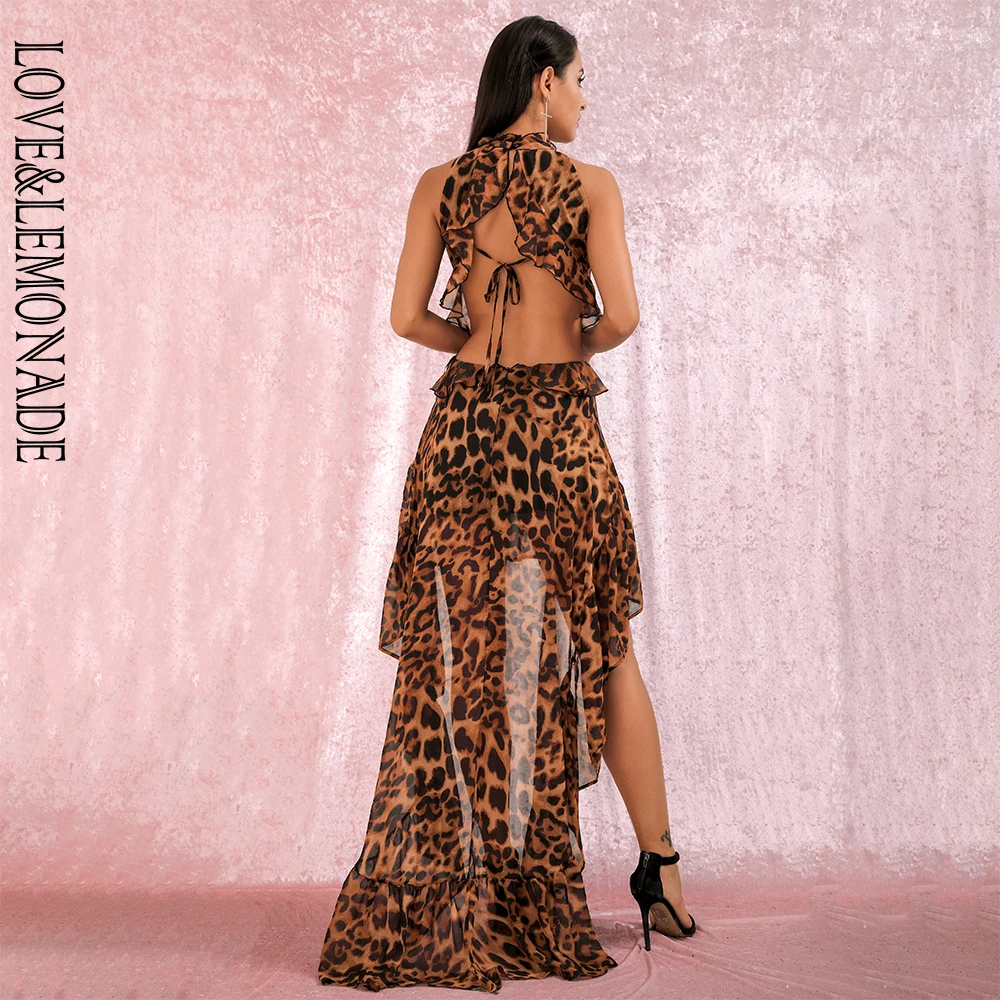 LOVE&LEMONADE, сексуальное шифоновое платье со стоячим воротником и открытой спиной, с вырезами, с леопардовым принтом, LM81853