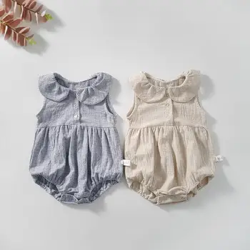 

2020 New Baby Girls Boys Plaid Cotton Romper Sleeveless Summer Kids Jumpsuit 0-2t