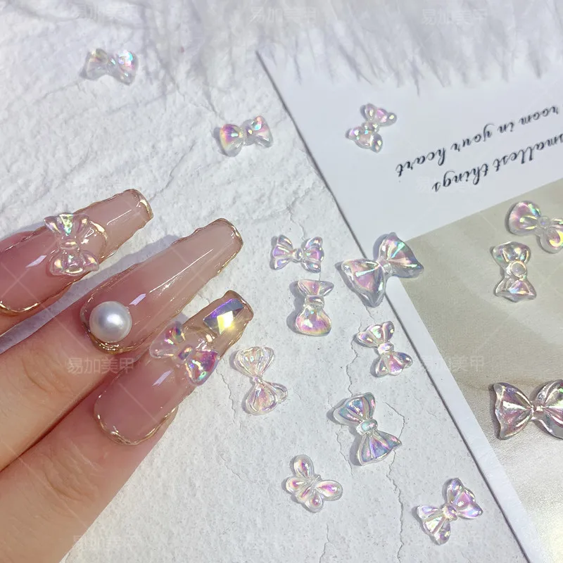 8PCS nail decoration holographic bow 3D design crystal diamond decoration aurora bow manicure tool accessories 1bottle nail art decoration love heart clear 3d crystal symphony aurora transparent mica rhinestone manicure jewelry accessories