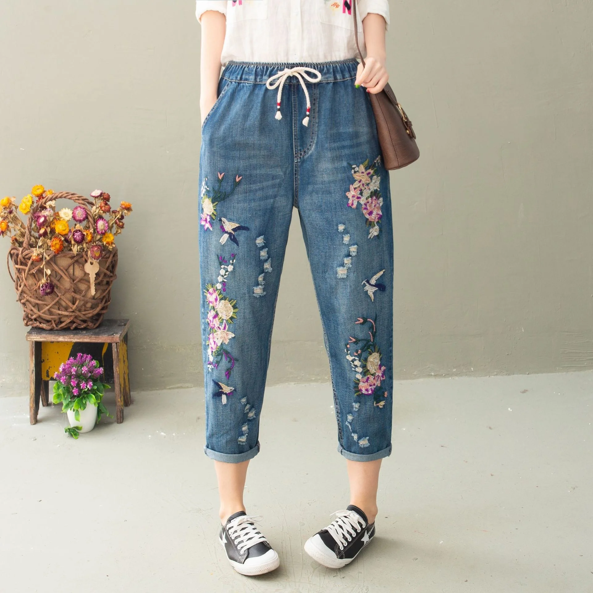 ripped jeans Elastic Waist Jeans Ladies Vintage Embroidery Trousers Women Casual Retro Floral Denim Cowboy Ripped Harem Pants Yalabovso jeans pant