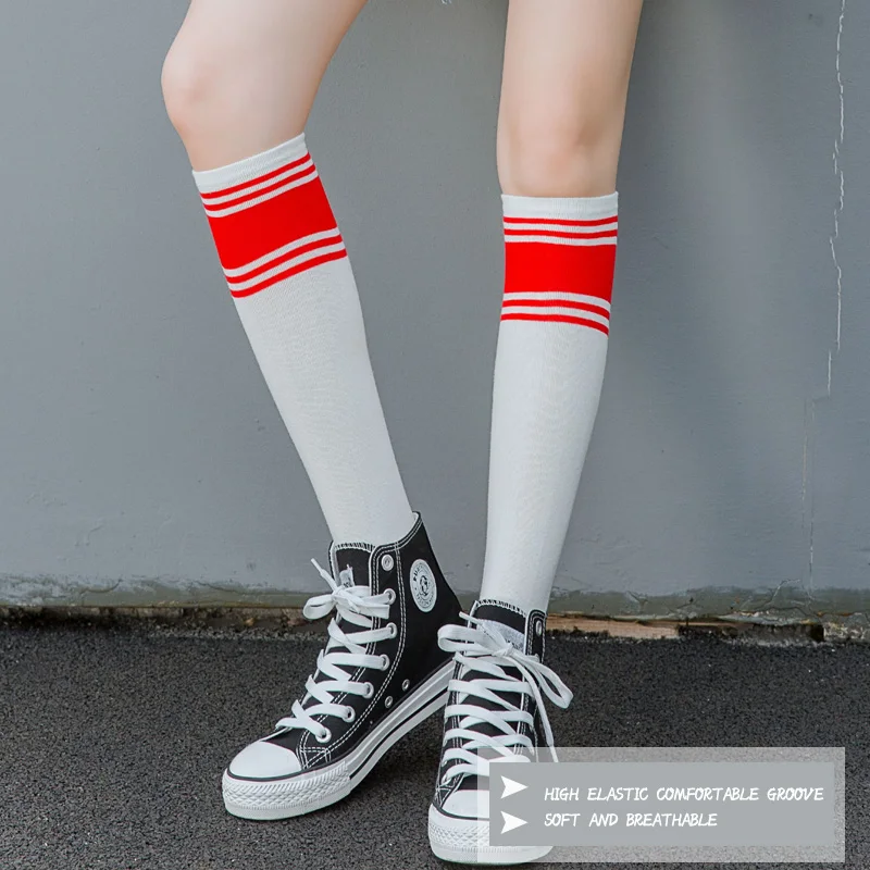 Хлопковые женские гольфы хлопковые полосатые носки до колена Женские однотонные носки школьные вечерние принадлежности для болельщиков