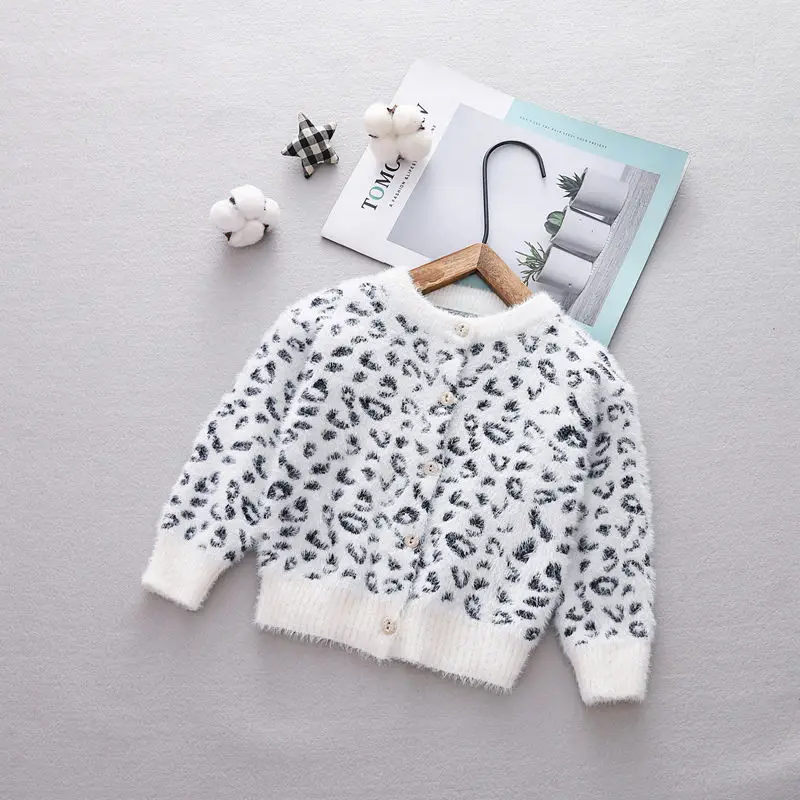 Модный леопардовый кардиган для маленьких девочек, пальто, Осенний детский кашемировый свитер из норки для девочек, куртка для маленьких девочек, джемпер - Цвет: Белый