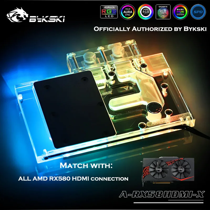 Bykski полный охват RGB/A-RGB GPU водяной блок для VGA AMD RX580 HDMI видеокарта A-RX58HDMI-X
