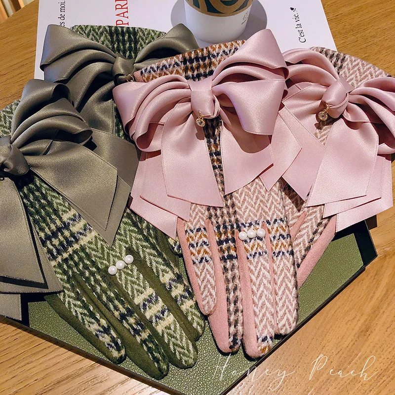 Розовые шерстяные женские перчатки атласные трехслойные с бантом полосатые с жемчугом плюс бархатные перчатки толстые зеленые перчатки