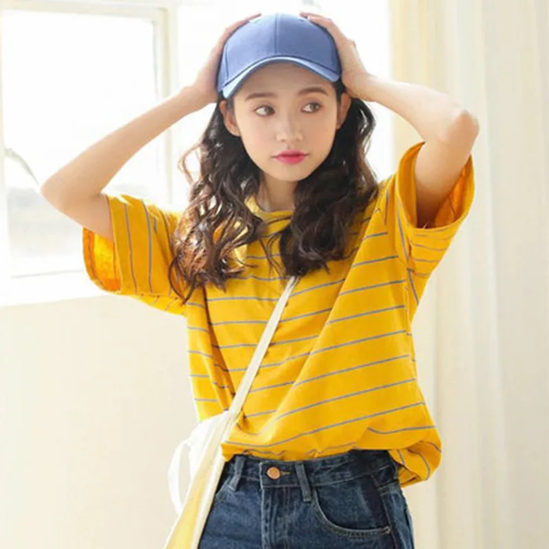 Женская футболка в полоску с коротким рукавом и круглым вырезом | одежда