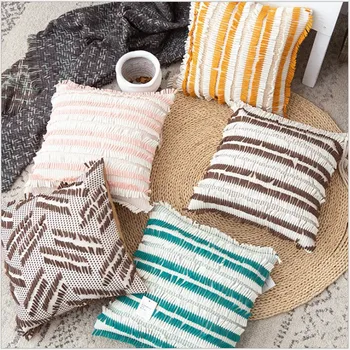 

Tassels Embroidery Pillow Cover Pink Yellow Green Grey Decorative Cushion Cover Home Decor Twill Stripe Throw PillowCase 45x45cm