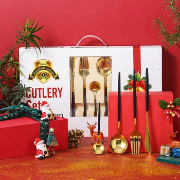 

24PCS Gold Stainless Steel Cutlery Rainbow Dinner Set Knife Fork Spoon Silverware Set Kitchen Tableware Set Christmas Gift Box
