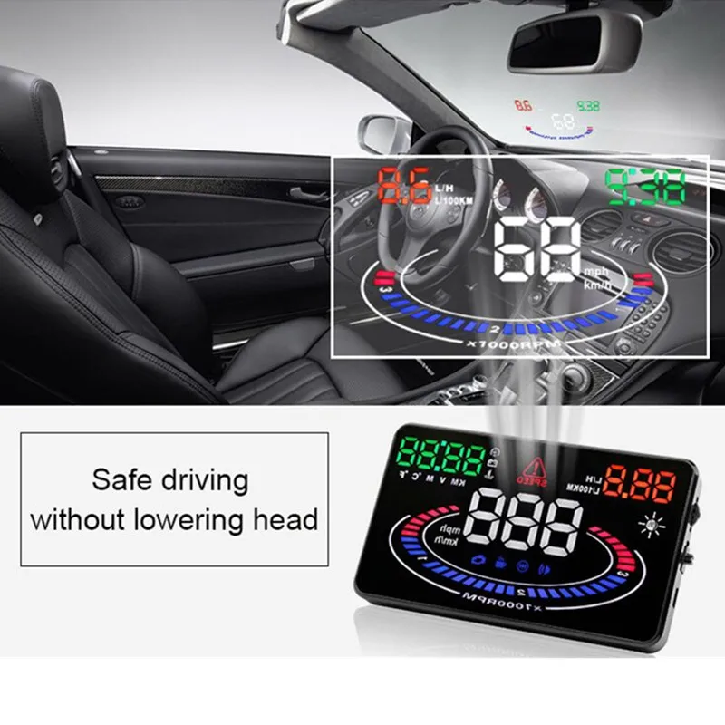 

Car Universal HUD Head Up Display OBD OBD2 Head-Up Speed Projector Safe Driving System Security Alarm Water temp Overspeed RPM