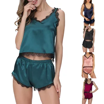 

2020 New Summer Women Sleeveless Pajama Sets Lace V-neck Strap Tops Satin Vest Shorts Sets Sexy Sleepwear Lace 2Pcs Pajamas Set