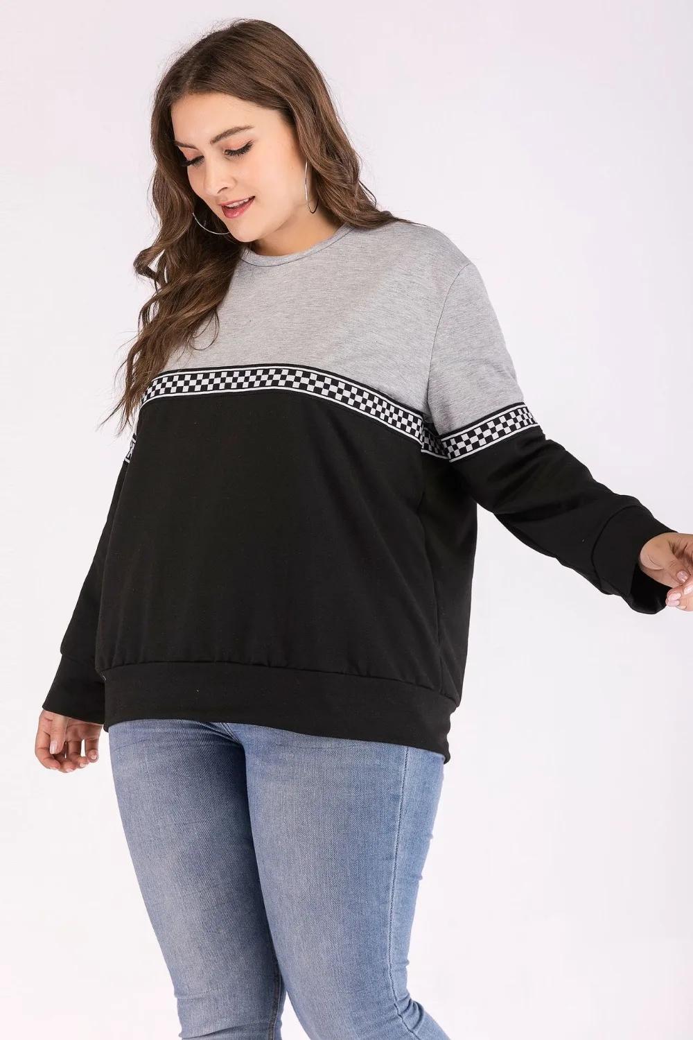 autumn winter plus size tops for women large long sleeve stripe loose cotton casual O neck T-shirt gray 4XL 5XL 6XL 7XL