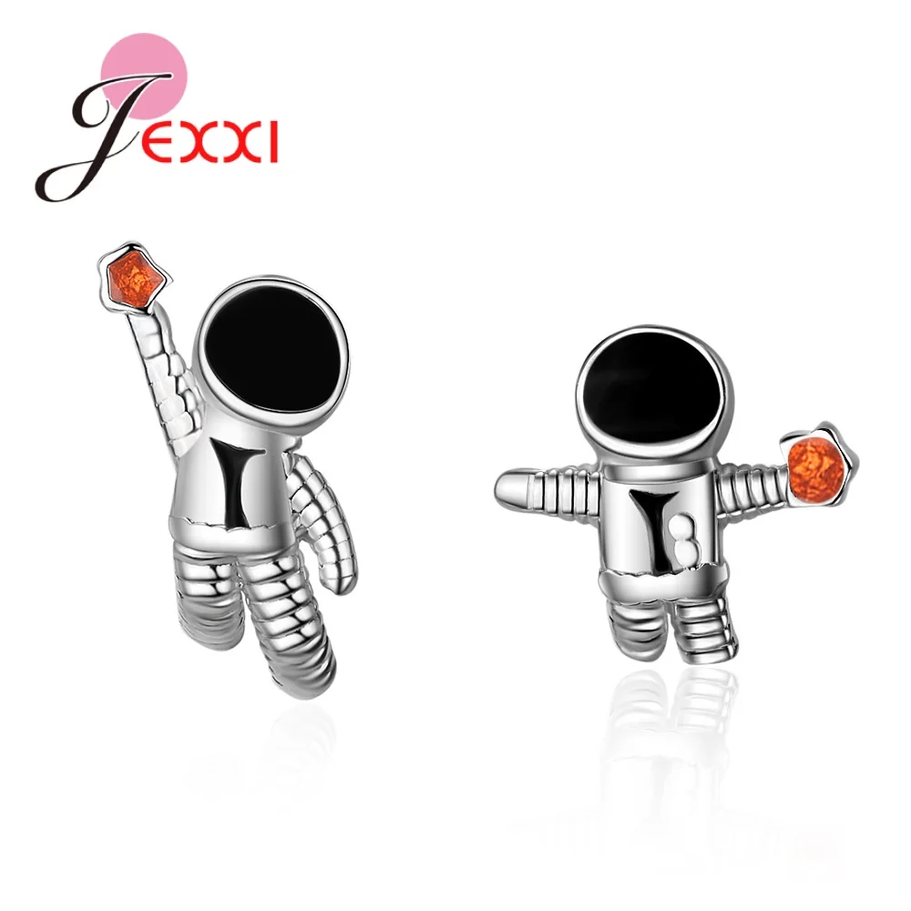 

Fine Asymmetric Stud Earrings for Women Men Unisex Jewelry 925 Sterling Silver Enamel Spaceman Lovely Present Pendientes