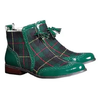 

Men's Pu Leather Boots Fringe and Plaid Design Vintage Deaign Fashion Boots Casual Top Quality Low Heel High Top Boots TV871