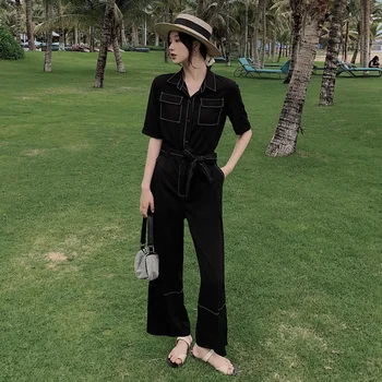 

Women Summer Short Sleeve Lapel One-piece Wide Leg Pants Black Jumpsuits Overalls Office Lady Slim Straight Trouser Romper A126