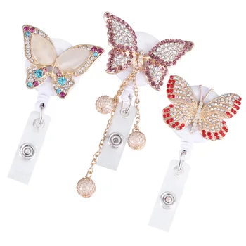 

3pcs Badge Holder Rhinestone Butterfly Sparkling Badge Holder Name Tags ID Cards Clip Clamp with White Straps for Worker