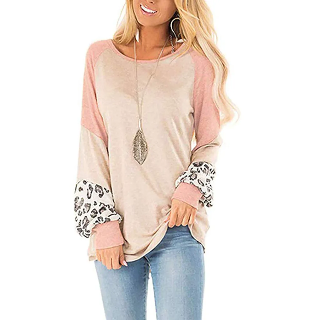 2019 ladies leopard solid color stitching long-sleeved shirt sweater 
