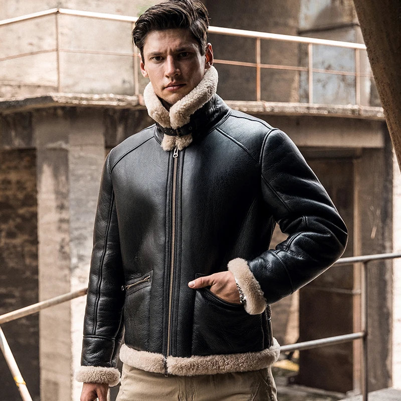 Black New Men Winter Thicker Fur One Leather Coat Men's Sheepskin Leather Jacket High-end Mens Shearling Locomotive Fur Air Force Suit - Цвет: Black