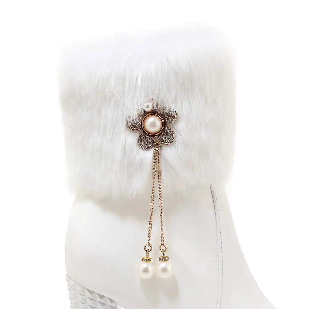 RIBETRINI Hot Women Mid Calf Boots Squar High Heels Metal Chains Pearls Winter Fur Shoes Woman Platform Boots Big Size