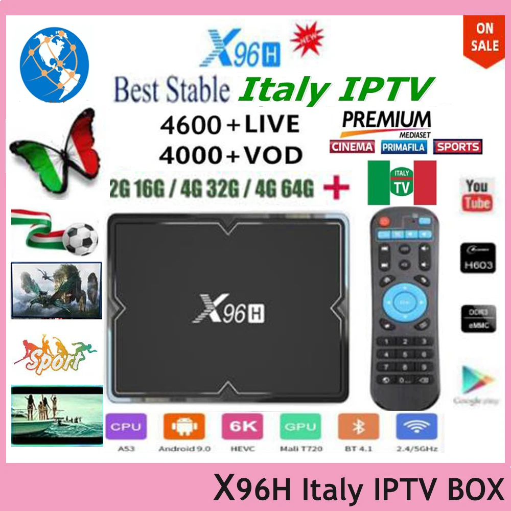 

2019 Newest X96H smart tv box android 9.0+1 year 4600+Channels 4000+ VOD Italy iptv code Include xxx channels and DAZN channels
