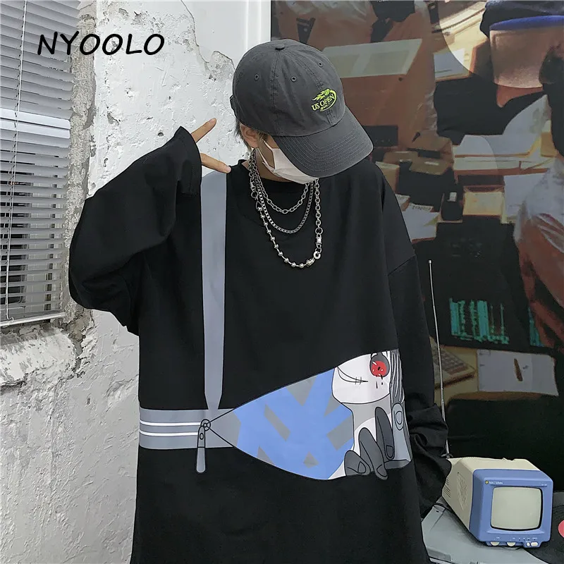 NYOOLO Harajuku стильная уличная женская футболка с принтом ужасов, Повседневная Свободная футболка с круглым вырезом и длинным рукавом в стиле хип-хоп, женские и мужские топы