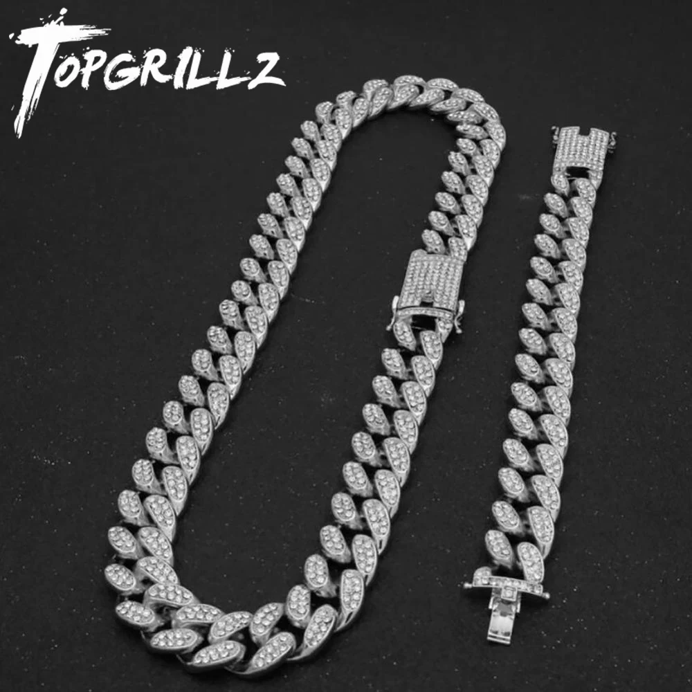 TOPGRILLZ Новая мода 20 мм Ice Out тяжелое хип-хоп ожерелье с бесплатным браслетом из нержавеющей стали кубинская цепь набор для мужчин и женщин подарок