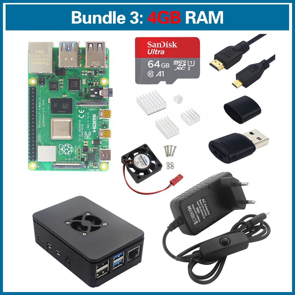 Bundle3 S Робот Raspberry Pi 4 Модель B комплект 1 г/2 г/4 г ОЗУ+ чехол+ радиатор+ 64 sd-карта+ Micro HDMI+ разъем питания для RPi 4 RPI6 - Цвет: Bundle3
