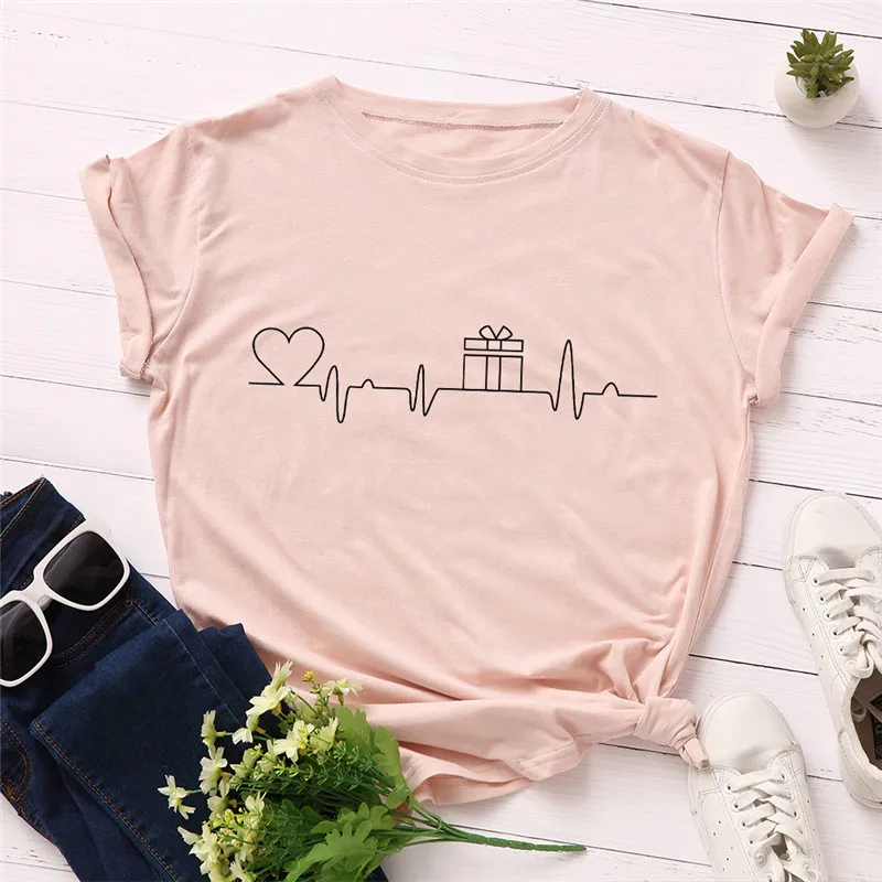 Женская футболка с принтом ECG Heart Gift 100% хлопок круглым вырезом и коротким рукавом