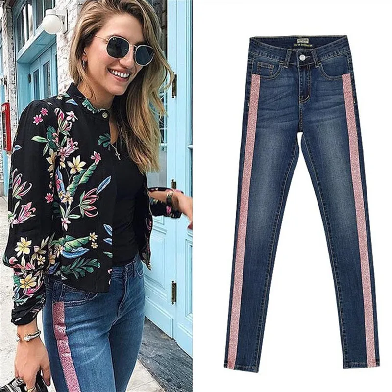 Photo Color New Fashion Women's Mid-Waist Slim Double-sided Metallic Elastic Foot Jeans Washed Popular Large Size Casual Jeans - Цвет: Photo Color