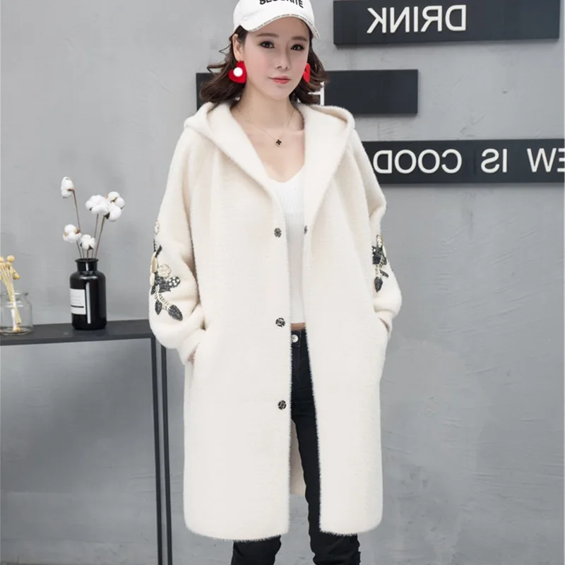 

Autumn and winter new overcoat knitted cardigan women's middle long hooded loose solid color embroidered sweater