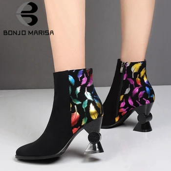 

BONJOMARISA New Ladies Autumn Fashion Dress Hot Sale High Strange Heels Ankle Boots Women Elegant Print Shoes Woman