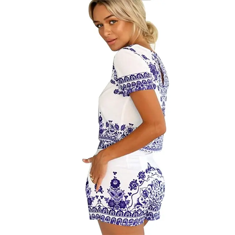Fashion Women Ladies Stylish Floral Printing Round Neck Short Sleeve Porcelain Summer Short Rompers Playsuit Jumpsuit Beachwear