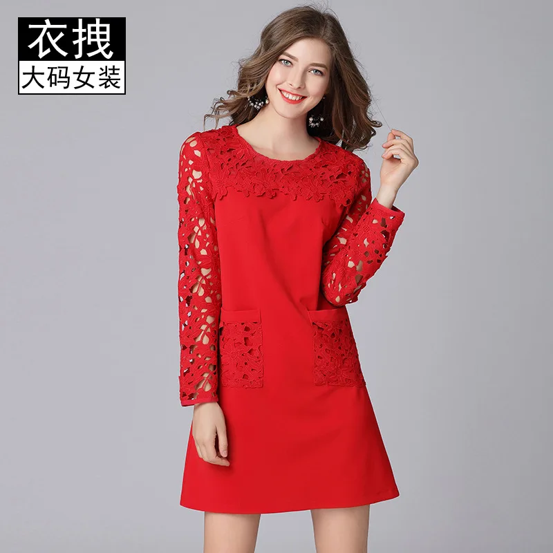 

A- line Lace Dress Red Stitching Europe And America Fashion Large Size Dress AliExpress Supply of Goods