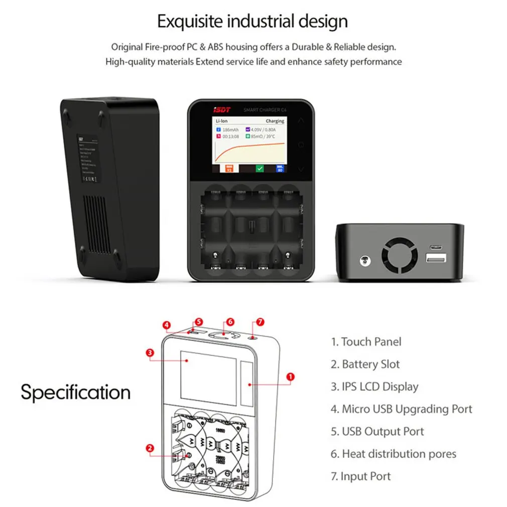 ISDT C4 8A сенсорный экран Смарт зарядное устройство с USB выходом для 18650 26650 AA AAA батареи
