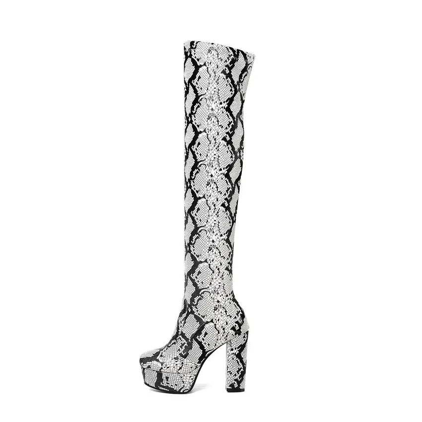 ENMAYER Comfortable Platform Boots Slip-On PU Knee High Boots Animal Prints Lycra Stretch Fabric Women Shoes Size 34-43