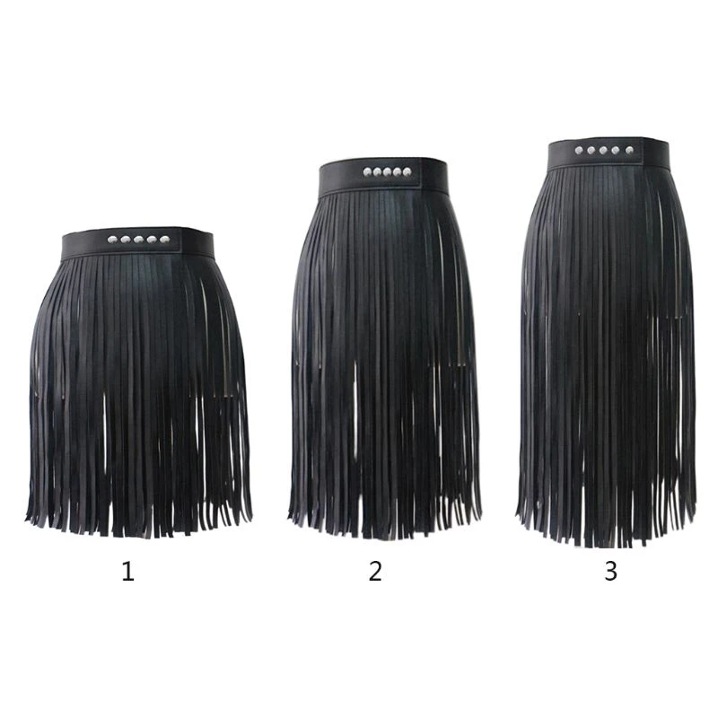 Women High Waist Faux Leather Fringe Tassels Skirt Body Harness with Snap Buttons Halloween Party Punk Rock Costume Clubwear mini skirt