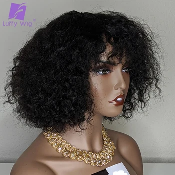 

Short Curly Bob Human Hair Wigs With Bangs Brazilian Remy Hair Machine Made Wig 180% densityGlueless For Black Women Luffywig