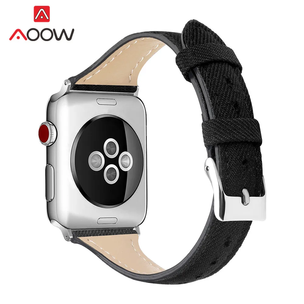 Black Нейлоновый кожаный ремешок для часов Apple Watch 40 мм 44 мм 38 мм 42 мм Тонкий холщовый ремешок для часов iWatch 5 4 3 2 1 Ремешок Браслет - Цвет ремешка: Black