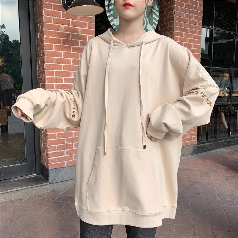 Толстовки женские Ulzzang Harajuku уличная весна осень большого размера, с длинным рукавом Студенческая тонкая однотонная Корейская стильная женская одежда