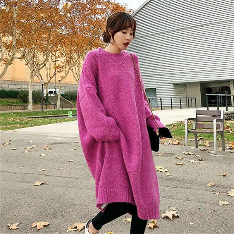 

[EWQ] Korean Style Long Sleeve Round Neck Plus Zise Thick Knit Ladies Dress Loose Warm Long Blue Sweater Dresses 5 Color QL19518