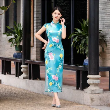 

New Chinese Style Women Cheongsam Summer Rayon Daily Dress Printed Vintage Handmade Button Stage Show Qipao Plus Size M-5XL