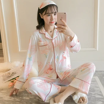 

2020 Autumn Winter 100% Cotton Striped Pajama Sets For Women Long Sleeve Print Pyjama Pijama Mujer Lounge Homewear Home Clothing