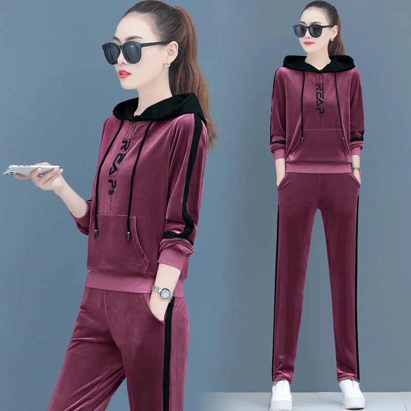 

2020 New Velvet 2 Piece Outfits Fashion Hooded Sweater Large Size Velvet Trousers Two Piece Set Womens Clothing Blue Black