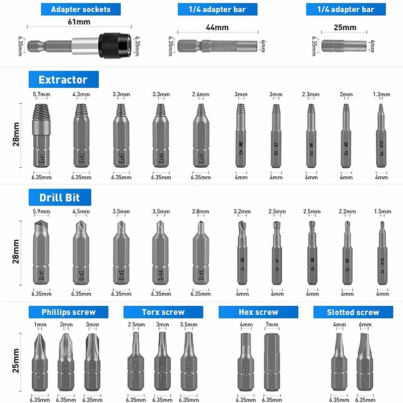 

33pcs Screw Extractor Drill Bit Set Disassemble Screws Bolt Remover Tool Double Side Drill Out Extractor With Adapter Socket Bar