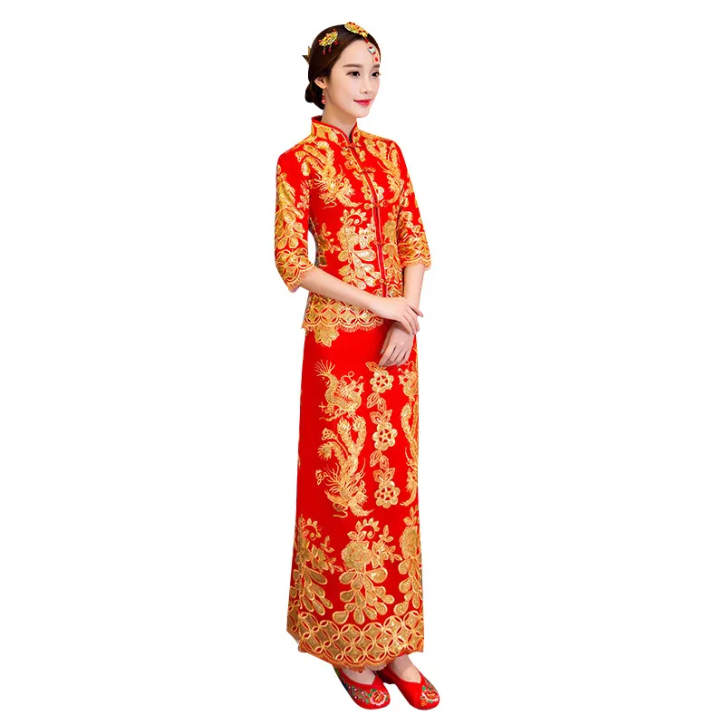 Chinese Bride Wedding Qipao Cheongsam Satin Skirt chinese dress female evening dress