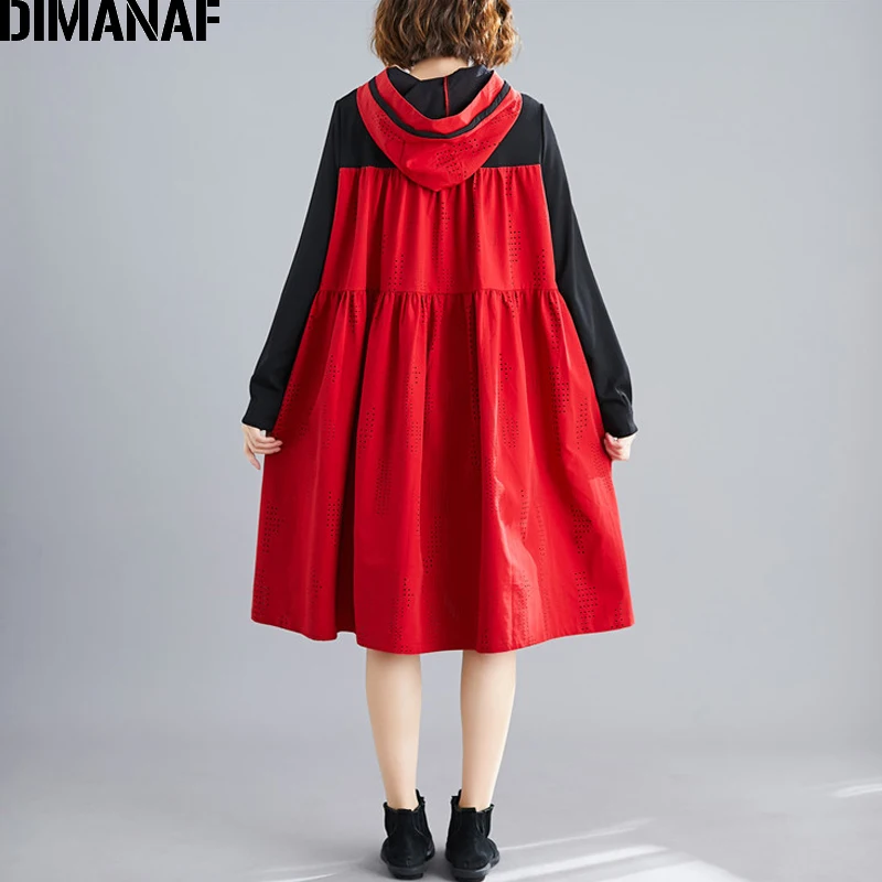 DIMANAF, Осеннее женское платье большого размера, длинный рукав, хлопок, с капюшоном, для девушек, Vestidos, Свободная Женская одежда, повседневное плиссированное платье
